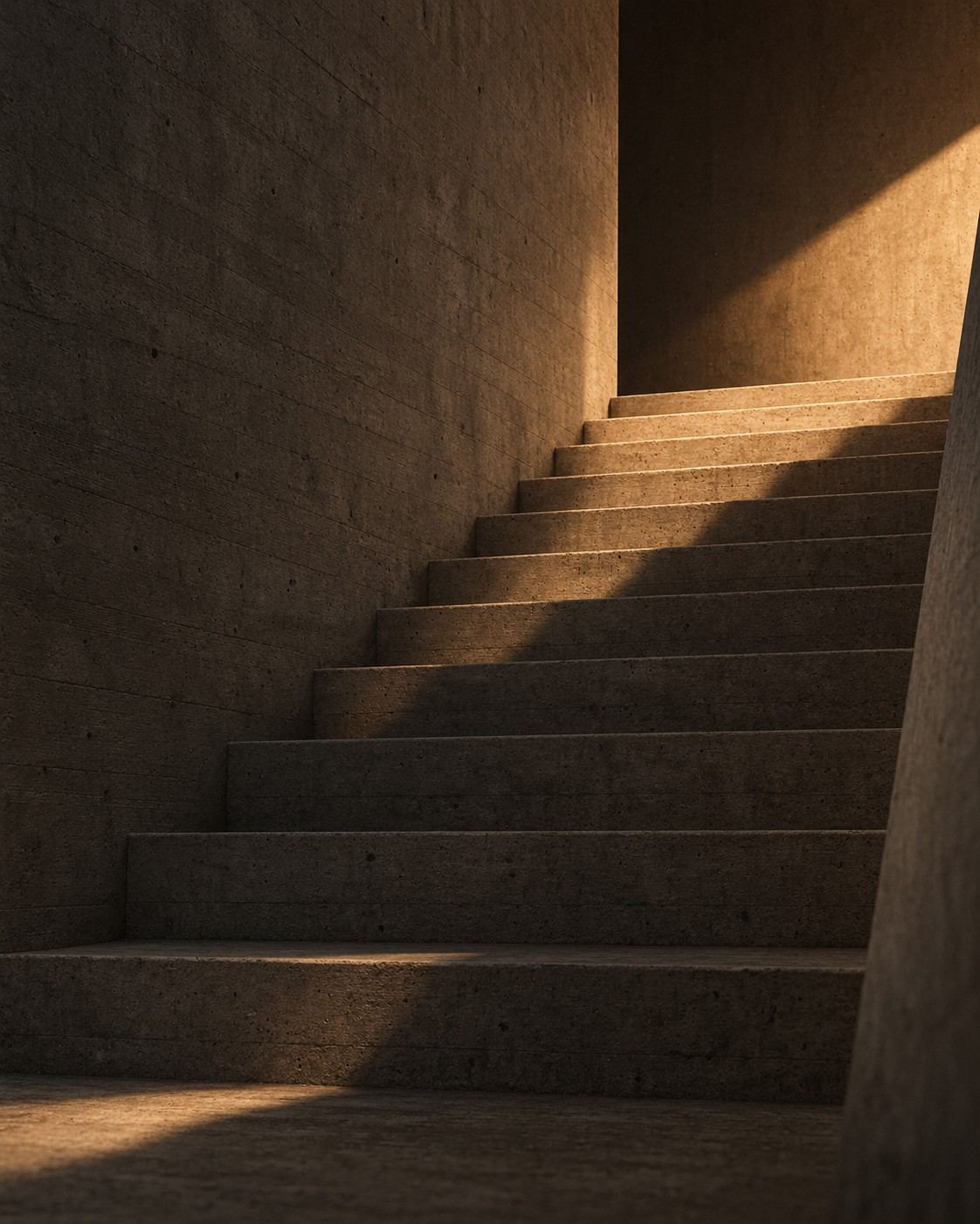 Concrete staircase crossed by warm diagonal light