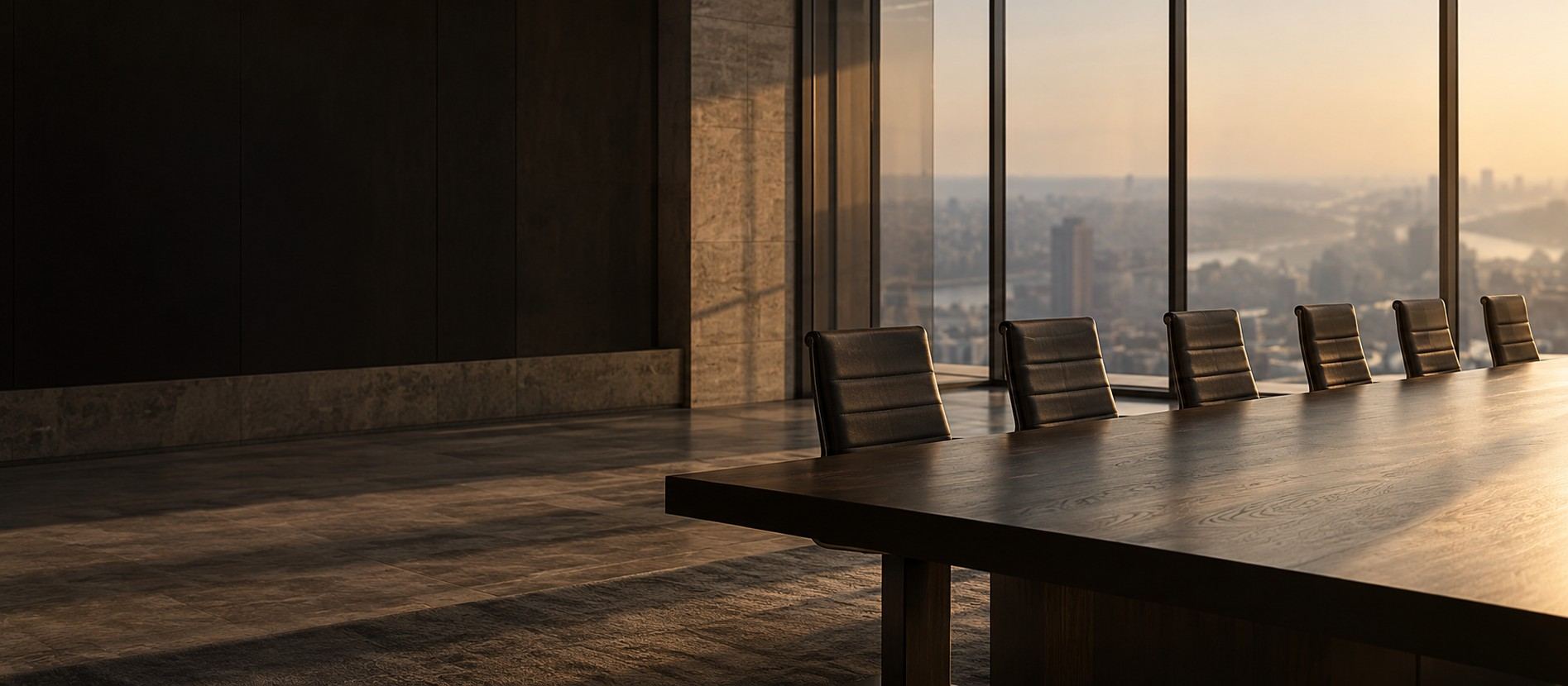 Empty boardroom with a city view at sunset