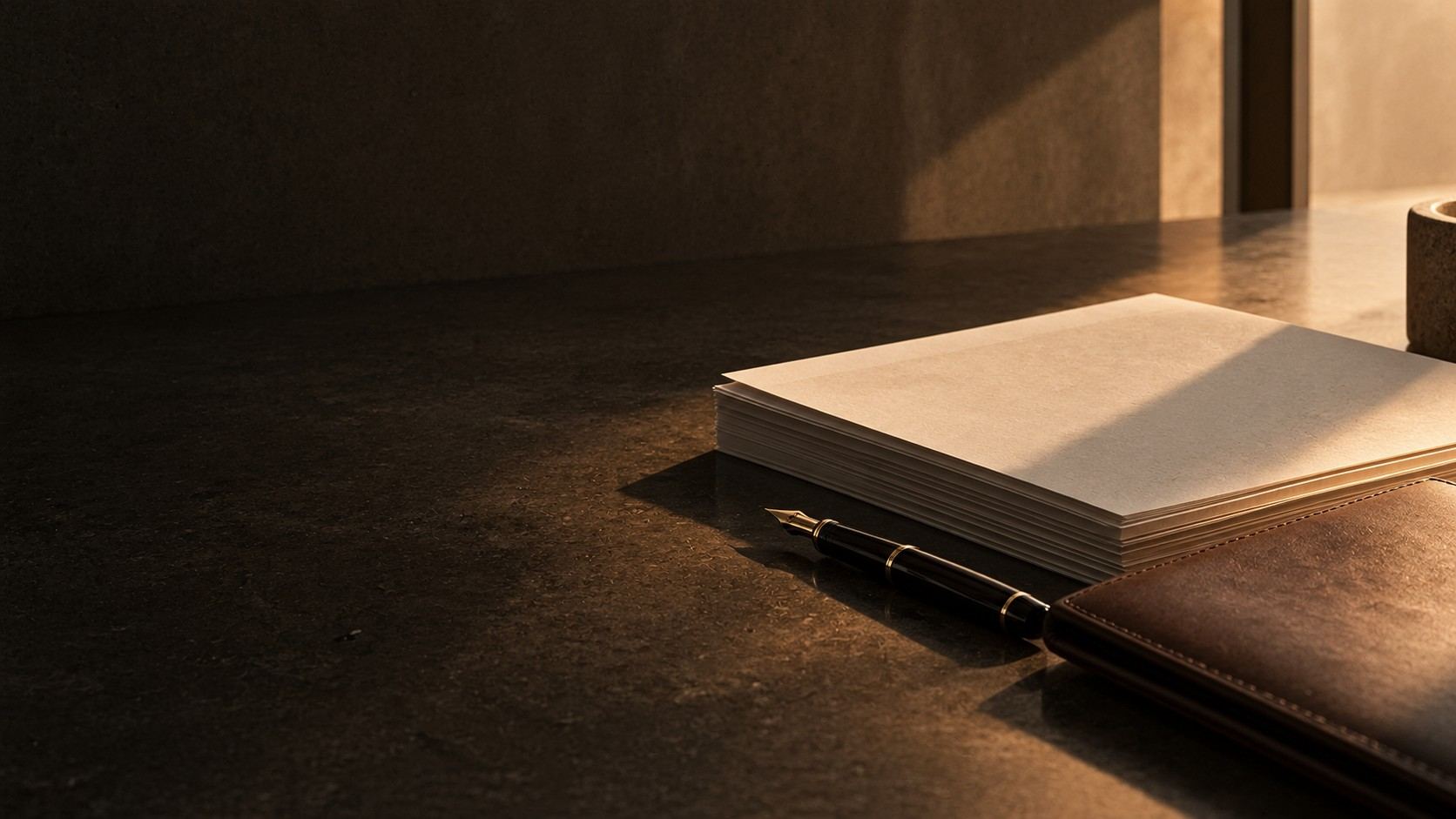 Documents and a fountain pen on a stone desk in window light
