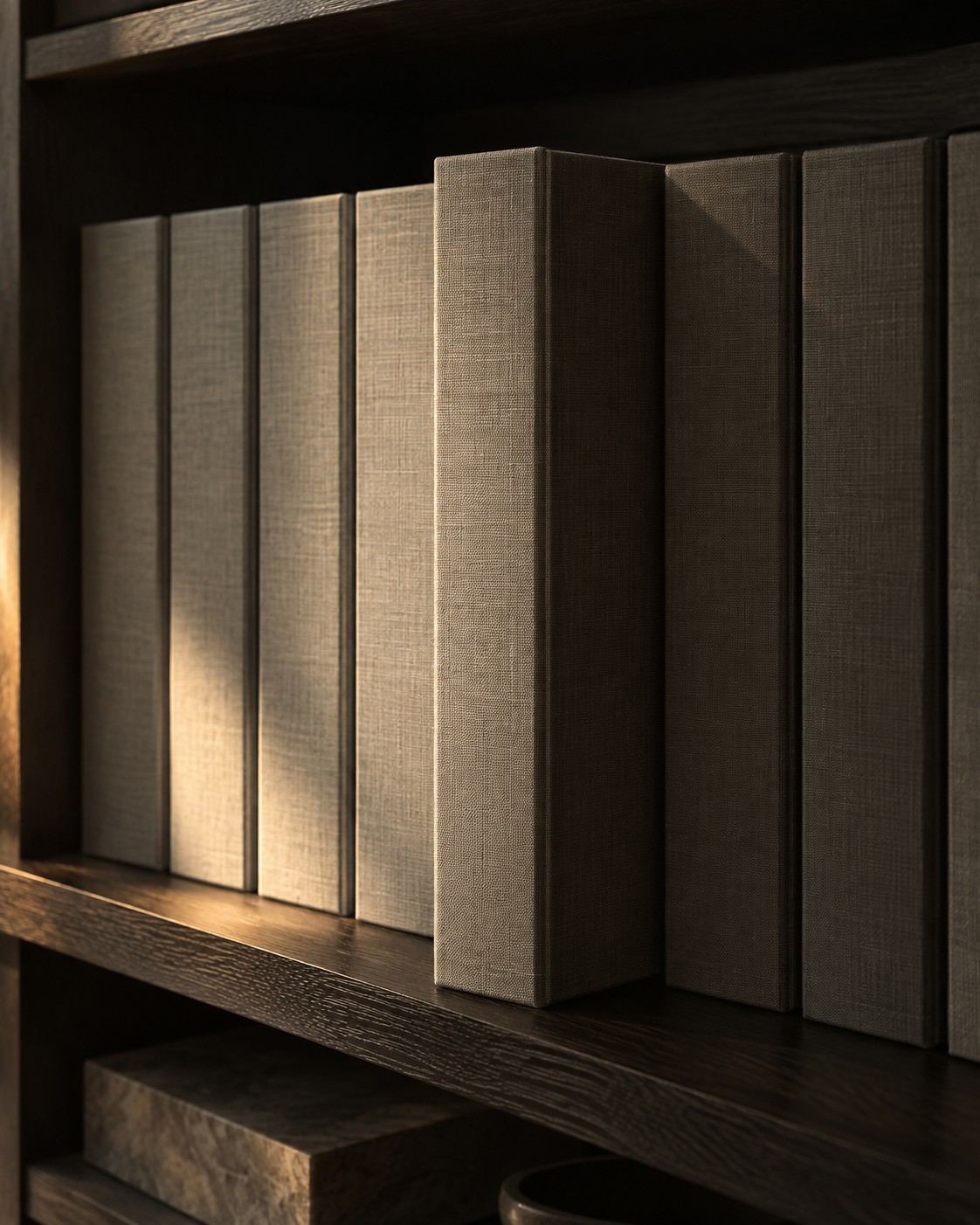 A row of archival binders with plain spines, one slightly pulled out