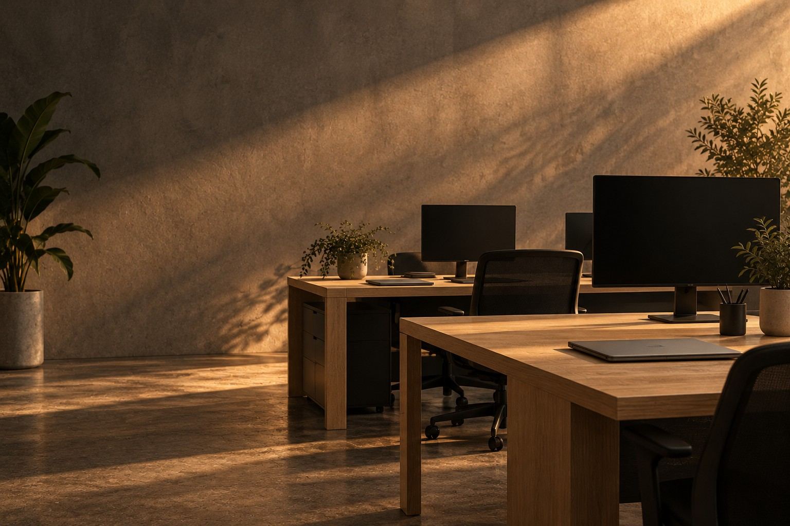 Empty contemporary office in late-afternoon light