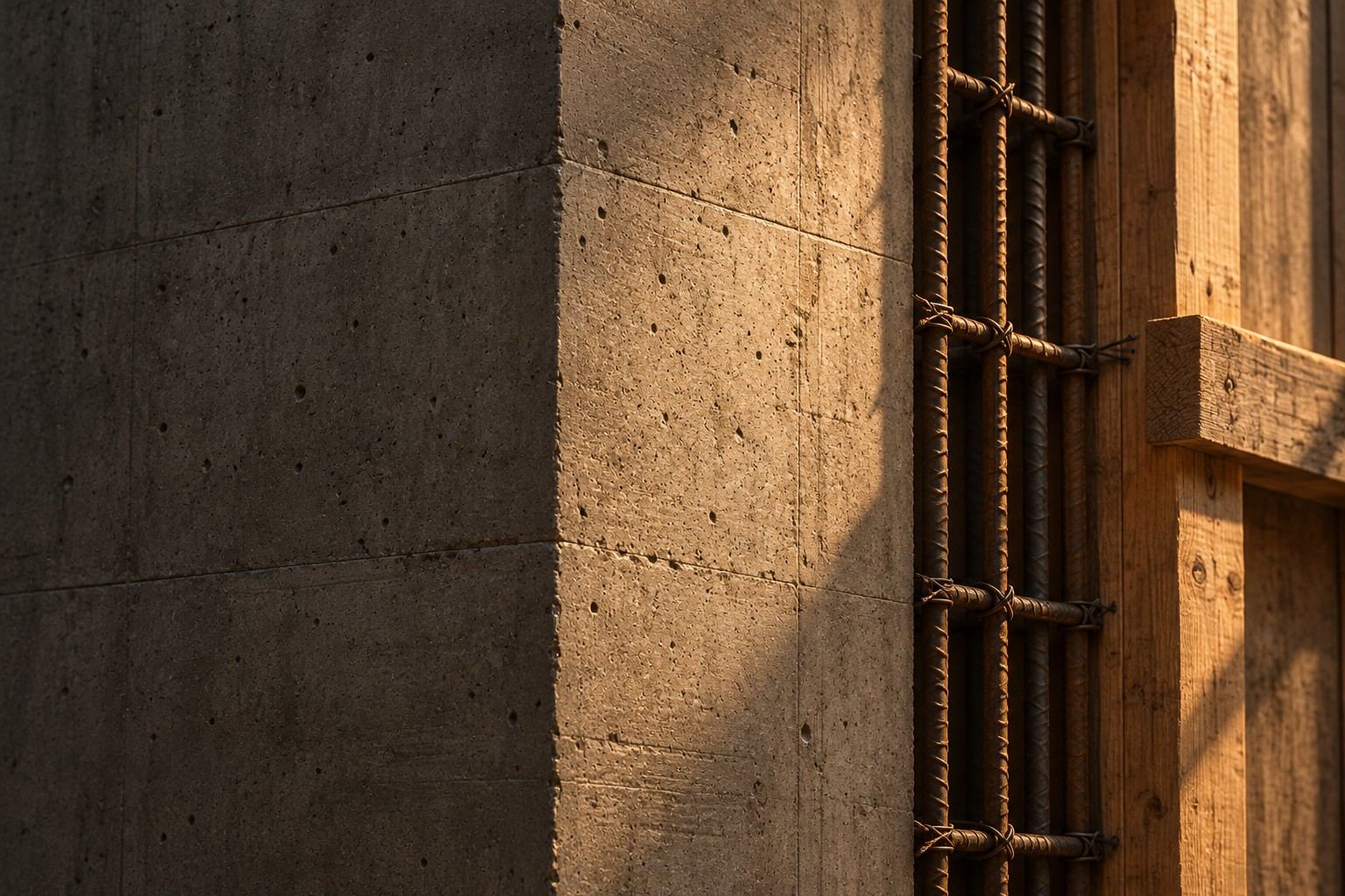 Concrete columns and formwork on a construction site at sunset