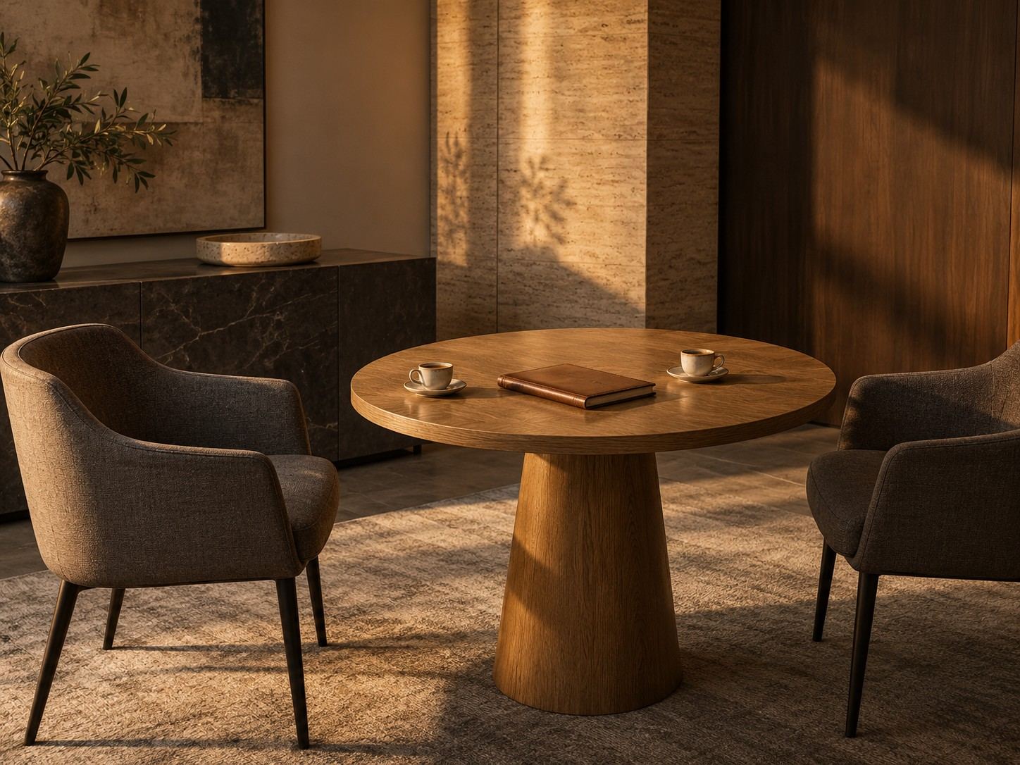 A meeting room just after a conversation: two cups and a notebook on a round table