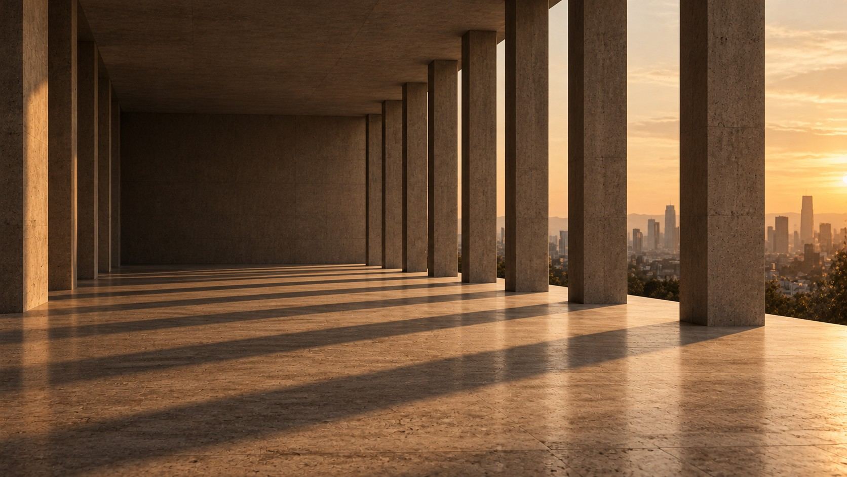 Concrete colonnade casting parallel shadows at sunset