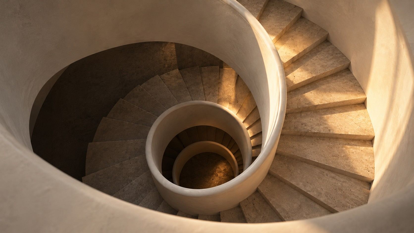 Spiral staircase seen from above in warm light