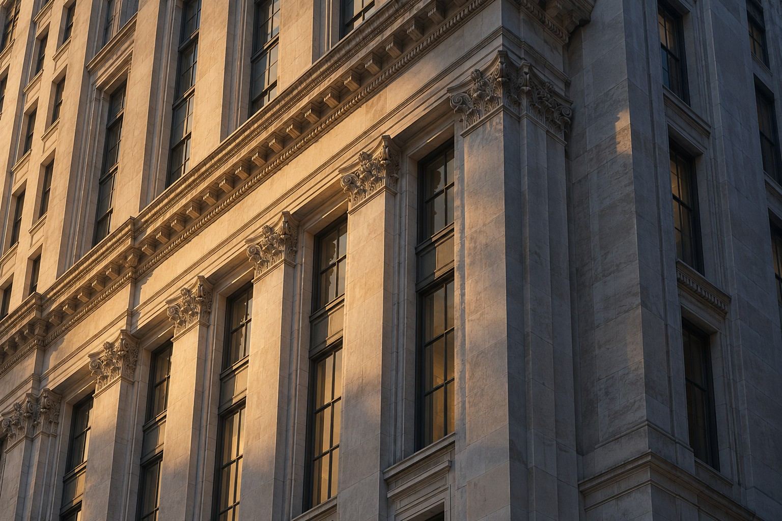 Detail of a classic limestone facade in New York in golden light