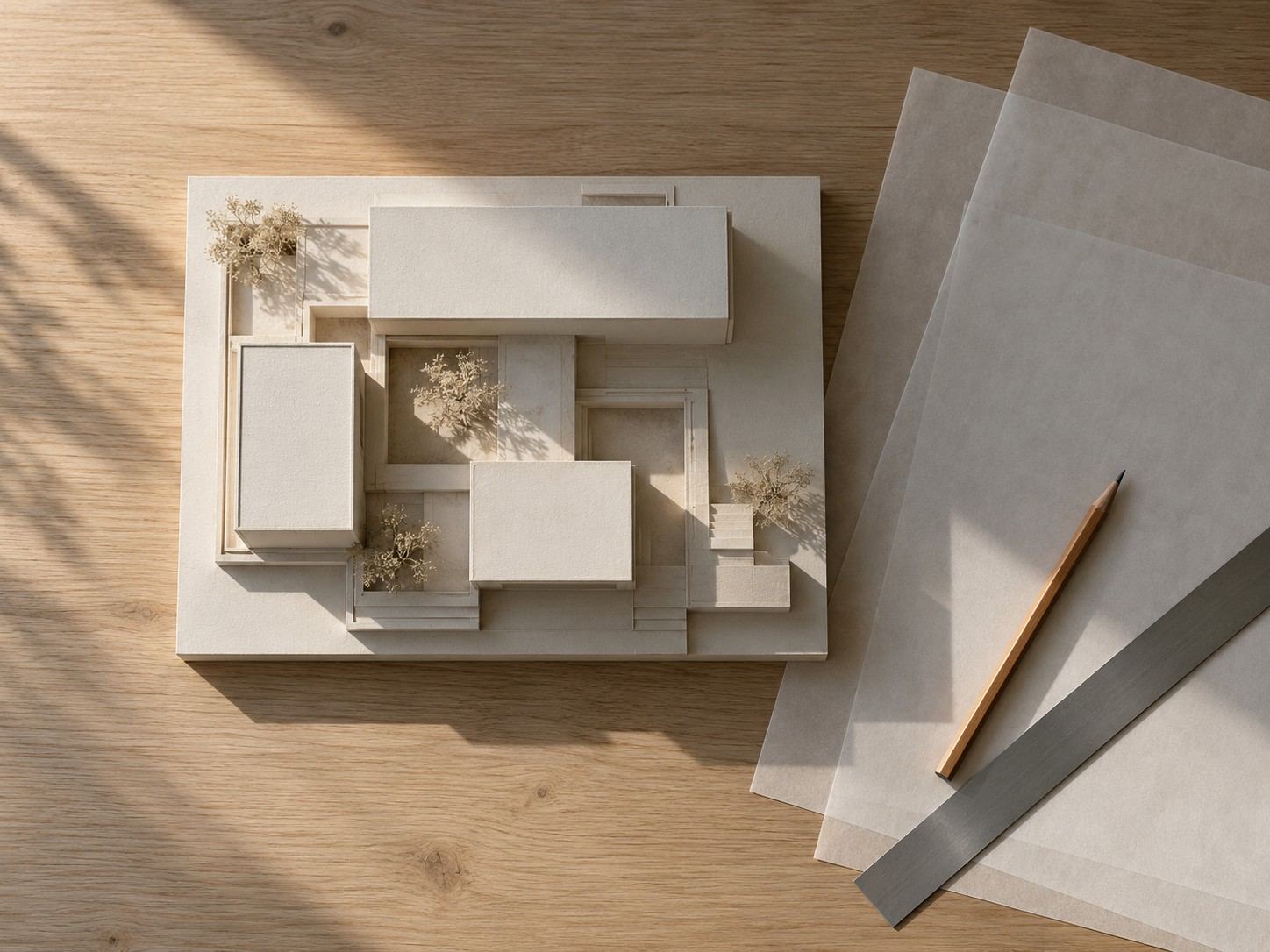 Maqueta arquitectónica blanca vista desde arriba sobre una mesa de roble