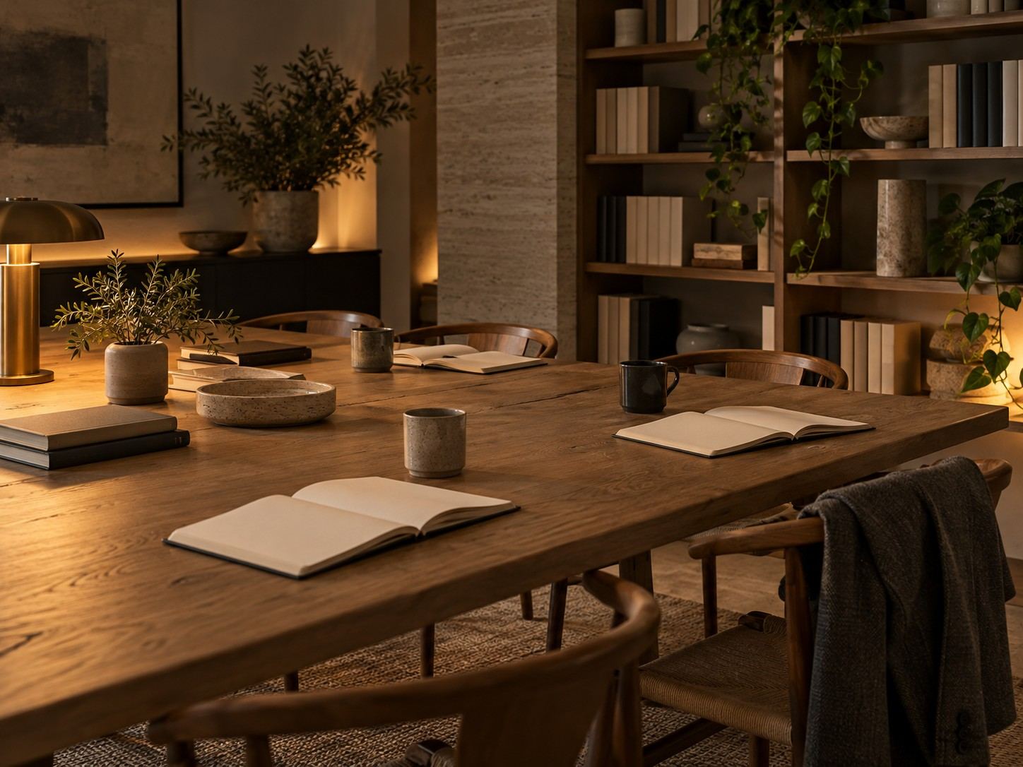 A shared work table at day’s end with notebooks, mugs and a jacket on a chair