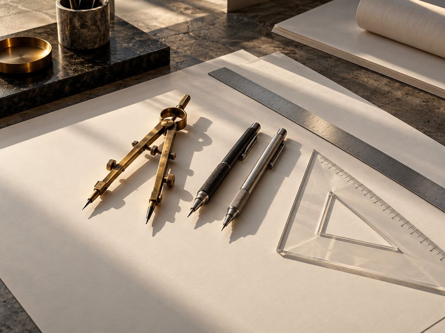 Precision drafting instruments on blank paper